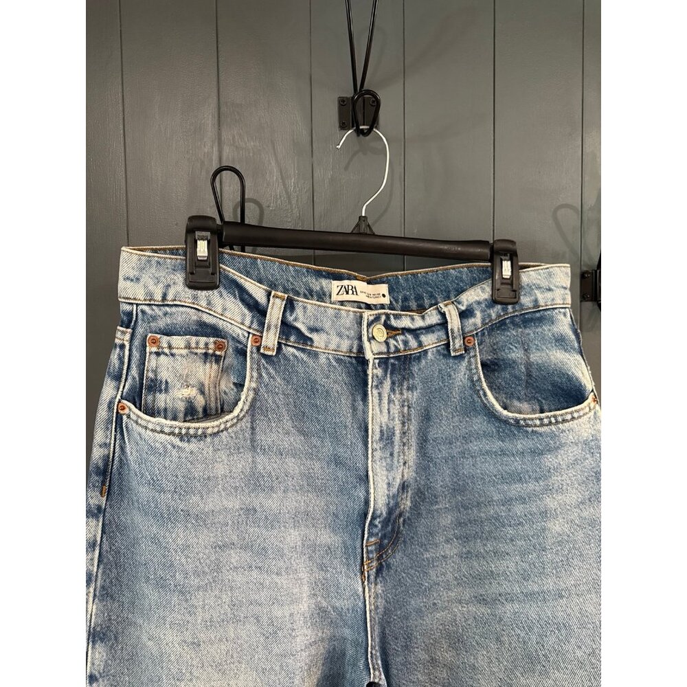 Zara medium wash straight leg ripped jeans